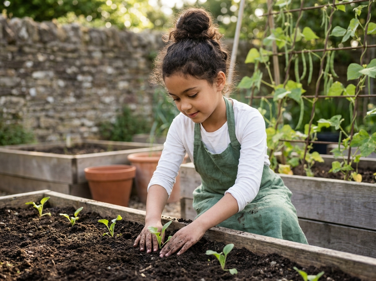 Jeune fille plantant des légumes dans un potager lors d'un stage nature Apprends et Rêve, alternative saine aux écrans pendant les vacances