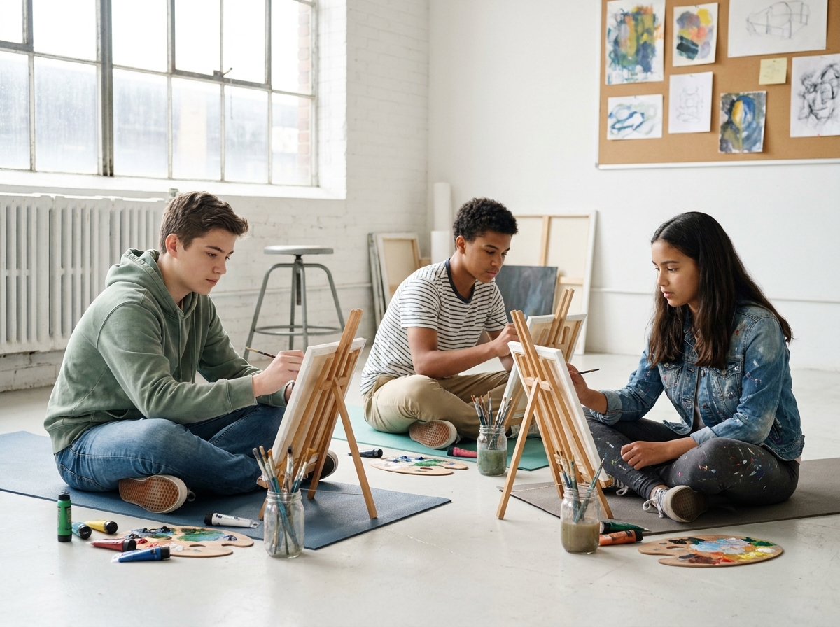 Adolescents peignant sur toile dans un atelier artistique du stage Apprends et Rêve, activité créative en groupe pour remplacer les écrans pendant les vacances