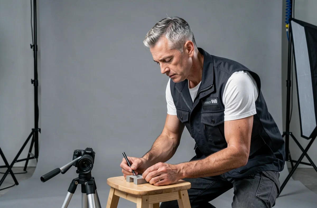 Photographe masculin installant son studio photo professionnel pour une séance portrait à Lamballe