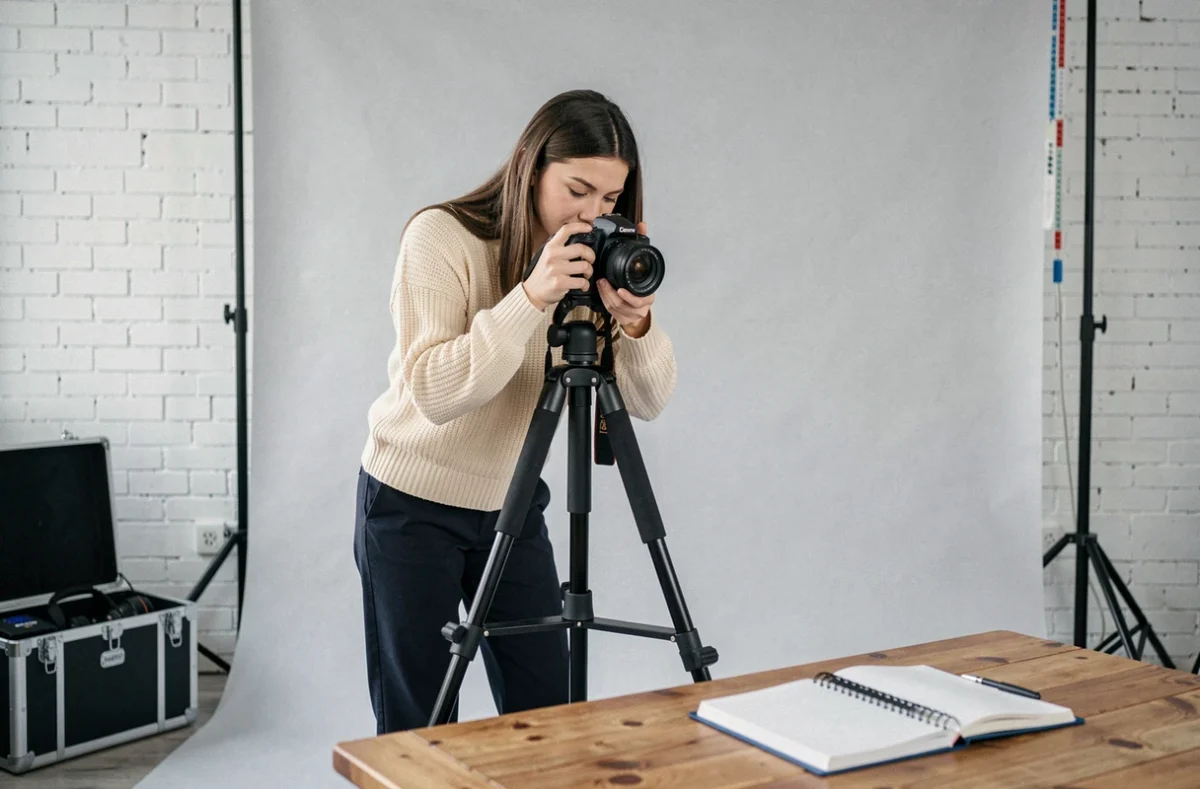 Photographe installant son matériel dans un studio photo à Vernon pour une séance client