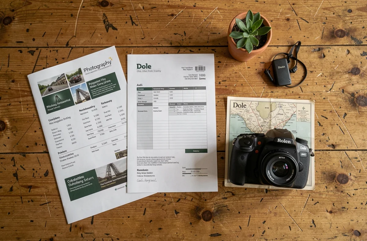 Flat lay représentant les tarifs et équipements d'un photographe professionnel à Dole