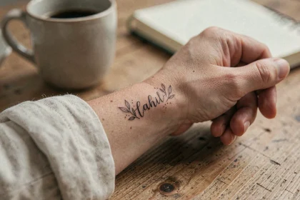 Tatouage initiale famille sur poignet de femme avec ornements botaniques en fine ligne, ambiance chaleureuse de cuisine en bois