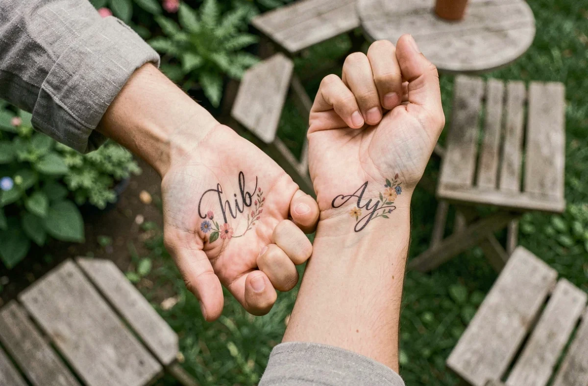 Deux poignets côte à côte avec tatouages initiales famille assortis en écriture manuscrite, l'un agrémenté d'une fleur aquarelle, cadre jardin estival