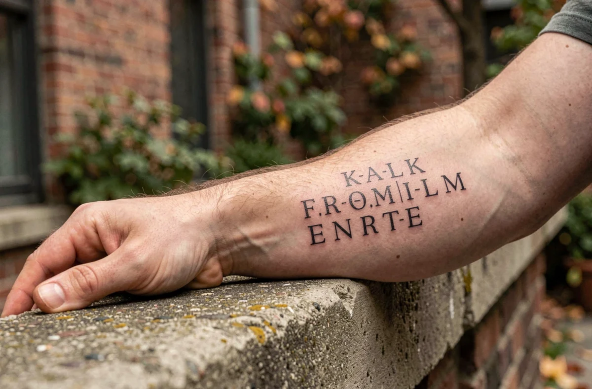Tatouage initiales famille empilées en police géométrique sur poignet d'homme, appui sur bordure en béton en milieu urbain automnal