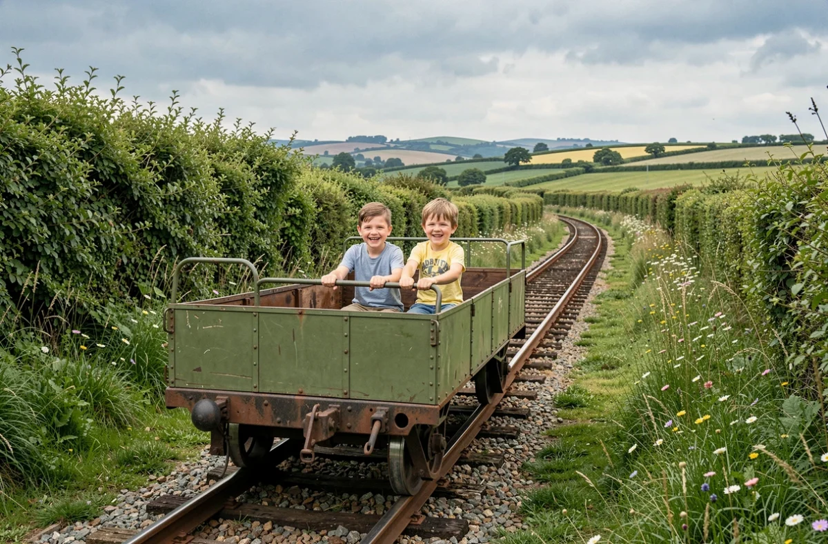 Famille en balade sur un vélo-rail à travers la campagne bretonne à la Gare de Médréac