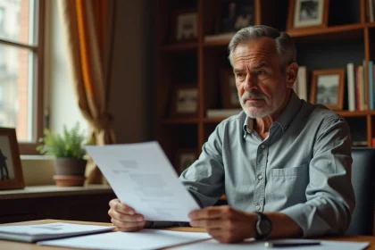 Homme consultant des documents dans un bureau privé, illustrant la vie privée à l'ère numérique