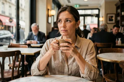 Femme pensive assise dans un café parisien, illustrant la question de la vie privée des célébrités et de leur entourage