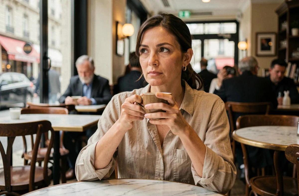 Femme pensive assise dans un café parisien, illustrant la question de la vie privée des célébrités et de leur entourage