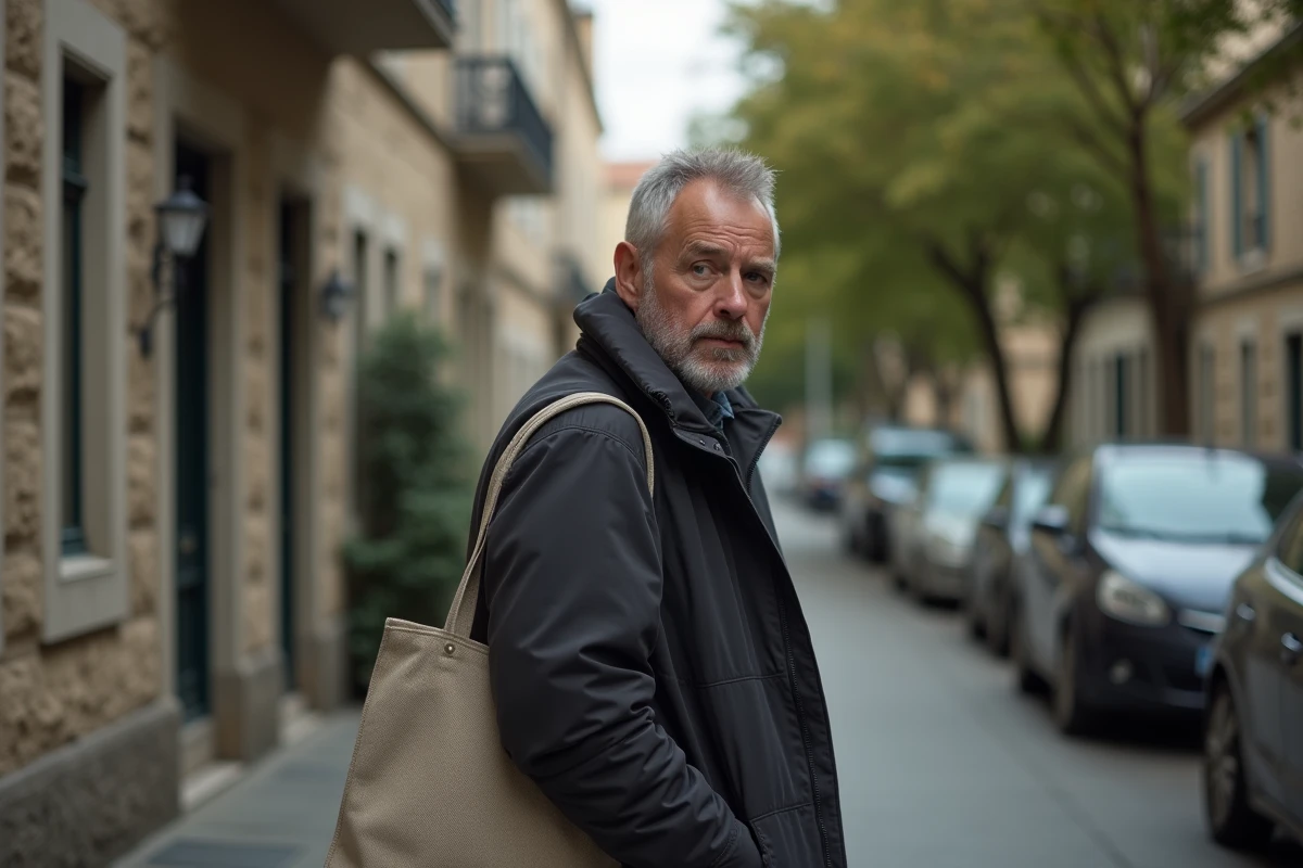 Homme marchant dans une rue résidentielle européenne, évoquant la surveillance et la vie privée dans l'espace public