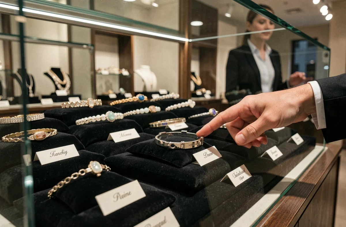 Vitrine de bijouterie présentant plusieurs gourmettes pour baptême de différentes qualités sur velours noir